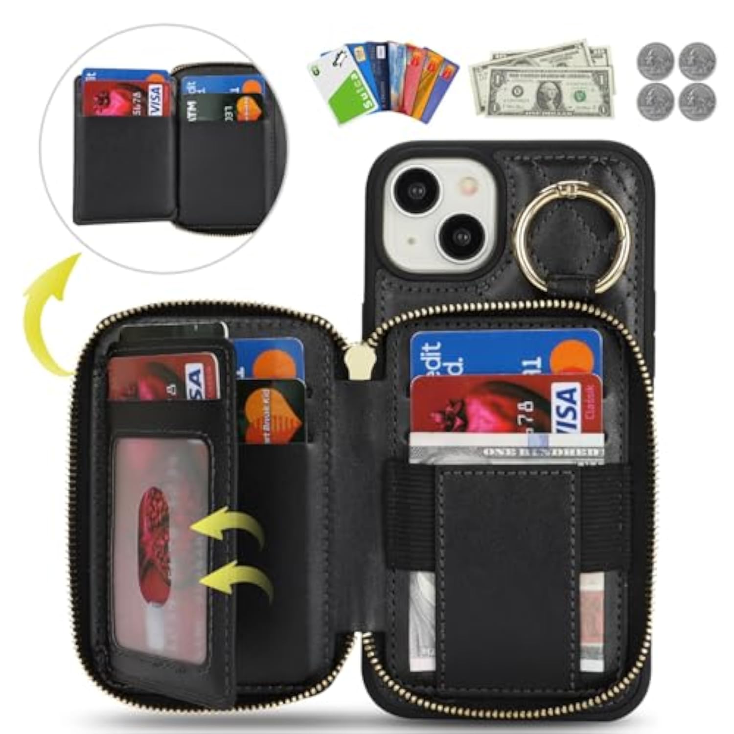 iPhone 14 Plus Case with Wallet and Card Holder, Black