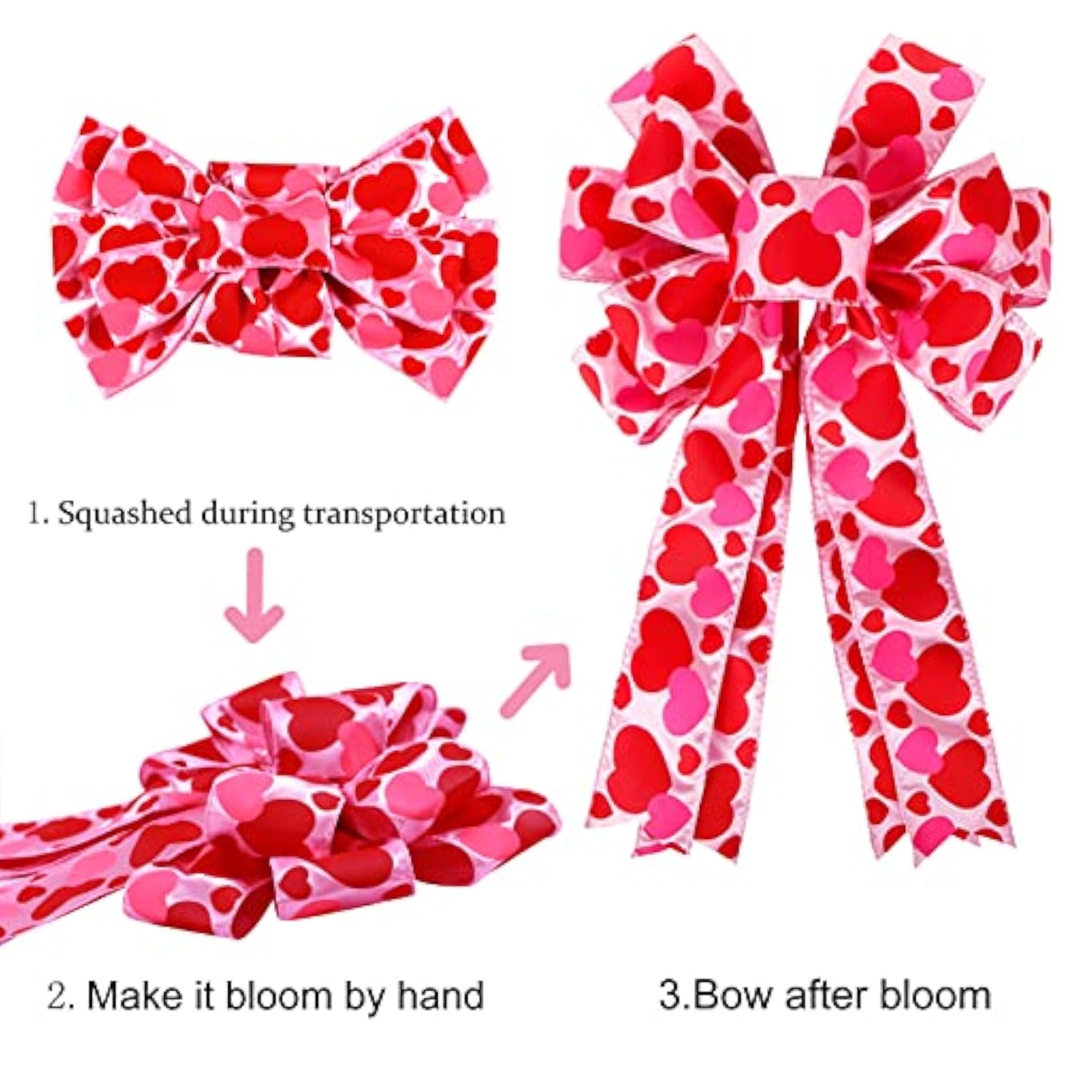 Valentine Tree Topper Bow With Heart Decorations, 11.4”X19.6” Large Red Pink Valentines Wreath Bow Decor For Valentine'S Day Wedding Holiday Party Wall Home Front Door Decorative