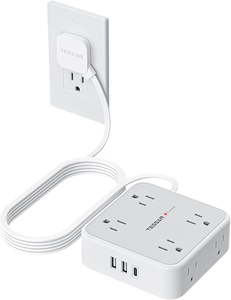 Surge Protector Power Strip 8 Outlets 3 USB Ports 1 USB C 20W PD 10FT Flat Plug Extension Cord 900J