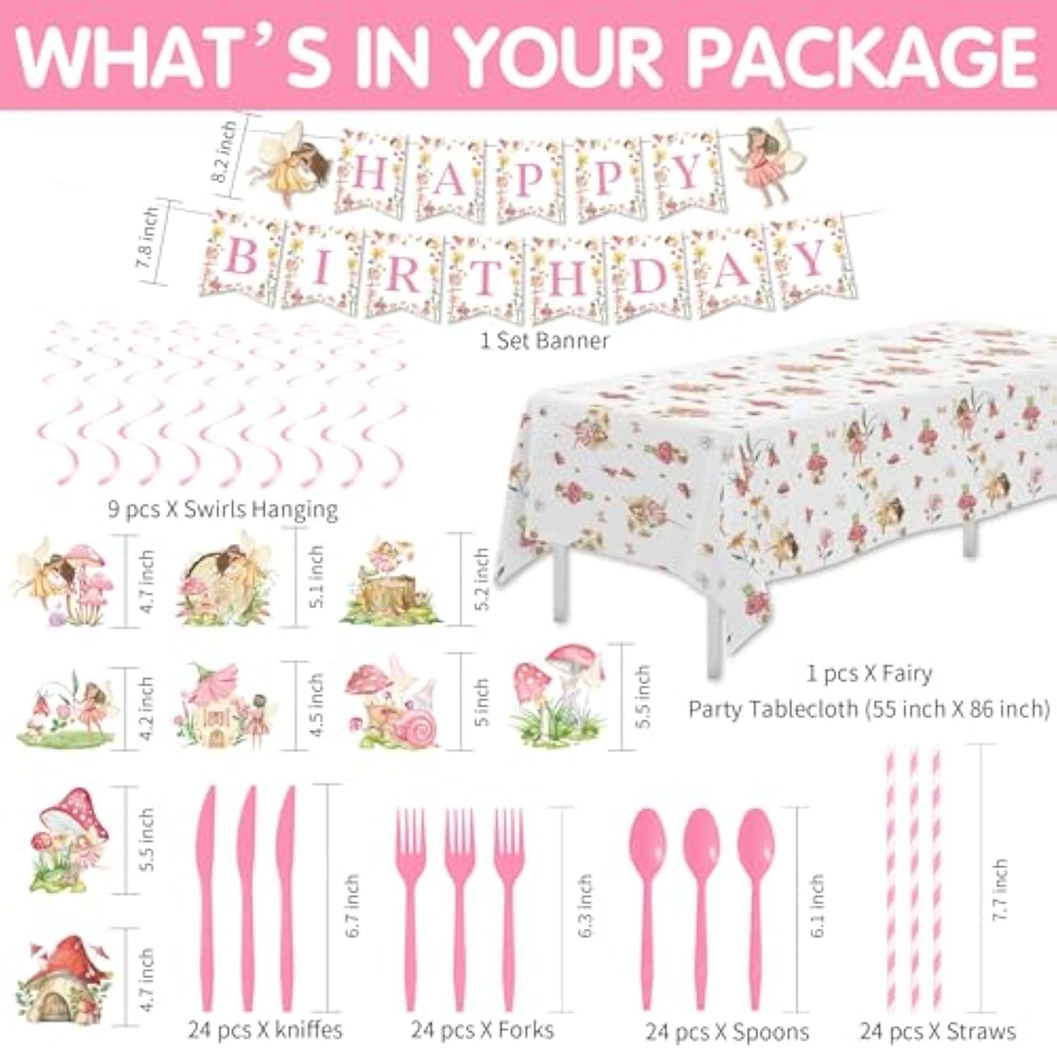 Fairy Birthday Decorations, Magical Enchanted Garden Fairy Party Decorations Supplies For Birthday Baby Shower, Paper Plate, Napkin, Cup, Banner, Tablecloth, Swirls, Cutlery, Serves 24