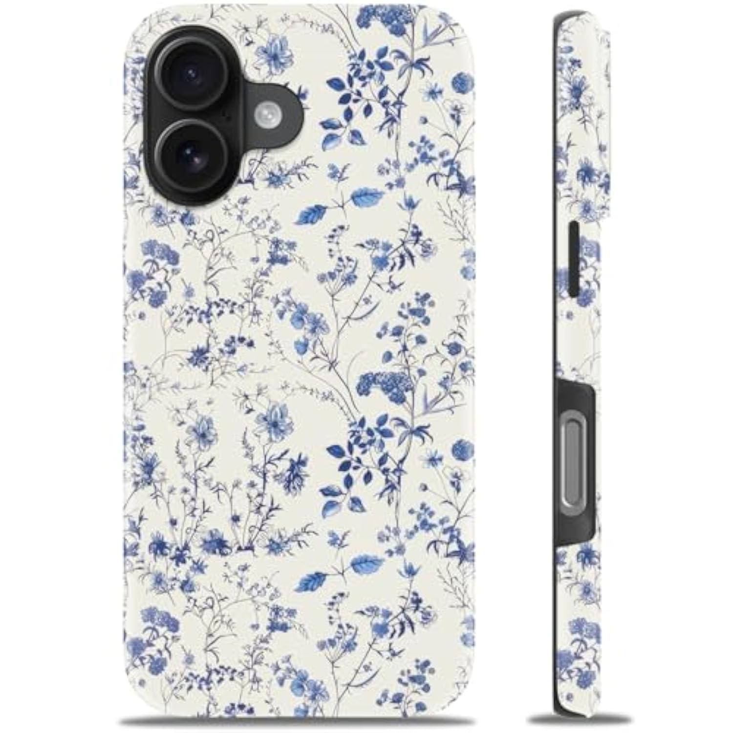 For Iphone 16 Case - Wireless Charging Compatible - Dual-Layer Hard Shell & Silicone Cover - Shockproof Protective Phone Case With Trendy Cute Designs For Women - Elegant Blue Flower