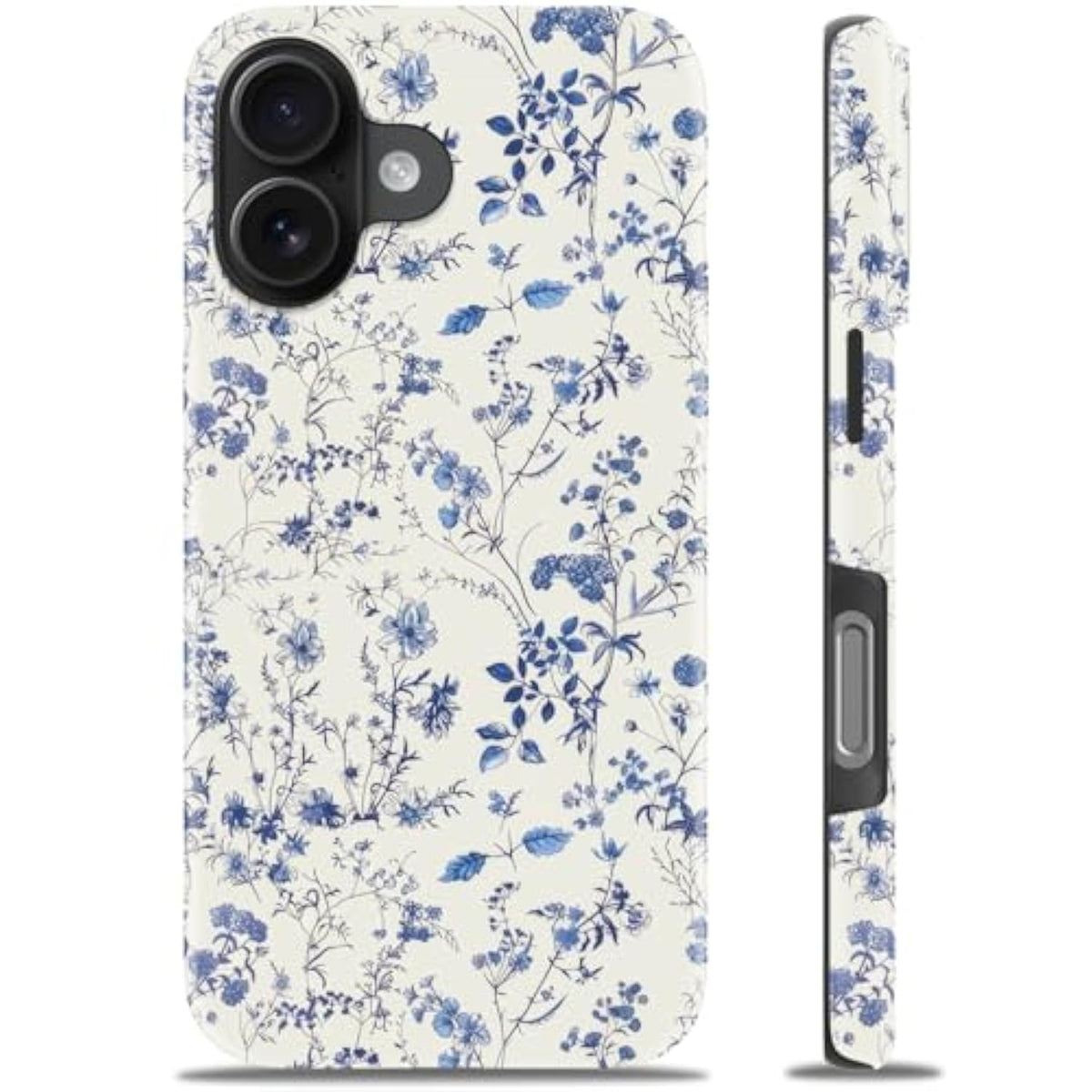 For Iphone 16 Case - Wireless Charging Compatible - Dual-Layer Hard Shell & Silicone Cover - Shockproof Protective Phone Case With Trendy Cute Designs For Women - Elegant Blue Flower