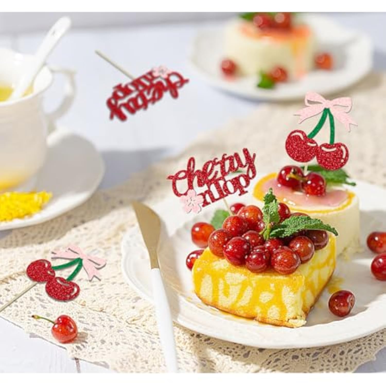 24 Pack She'S The Cherry On Top Cupcake Toppers, Glitter Cherry Sweet Cake Pick For Fruits Theme Baby Shower And Bridal Shower Decorations Supplies (Top)