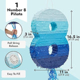 Ombre Blue Number 8 Pull String Pinata, Party Game For Kids, 16.5 X 11 X 3 In Fillable Hanging Decoration For 8Th Birthday Decorations For Boys Girls, Holds Candy, Toys, Confetti