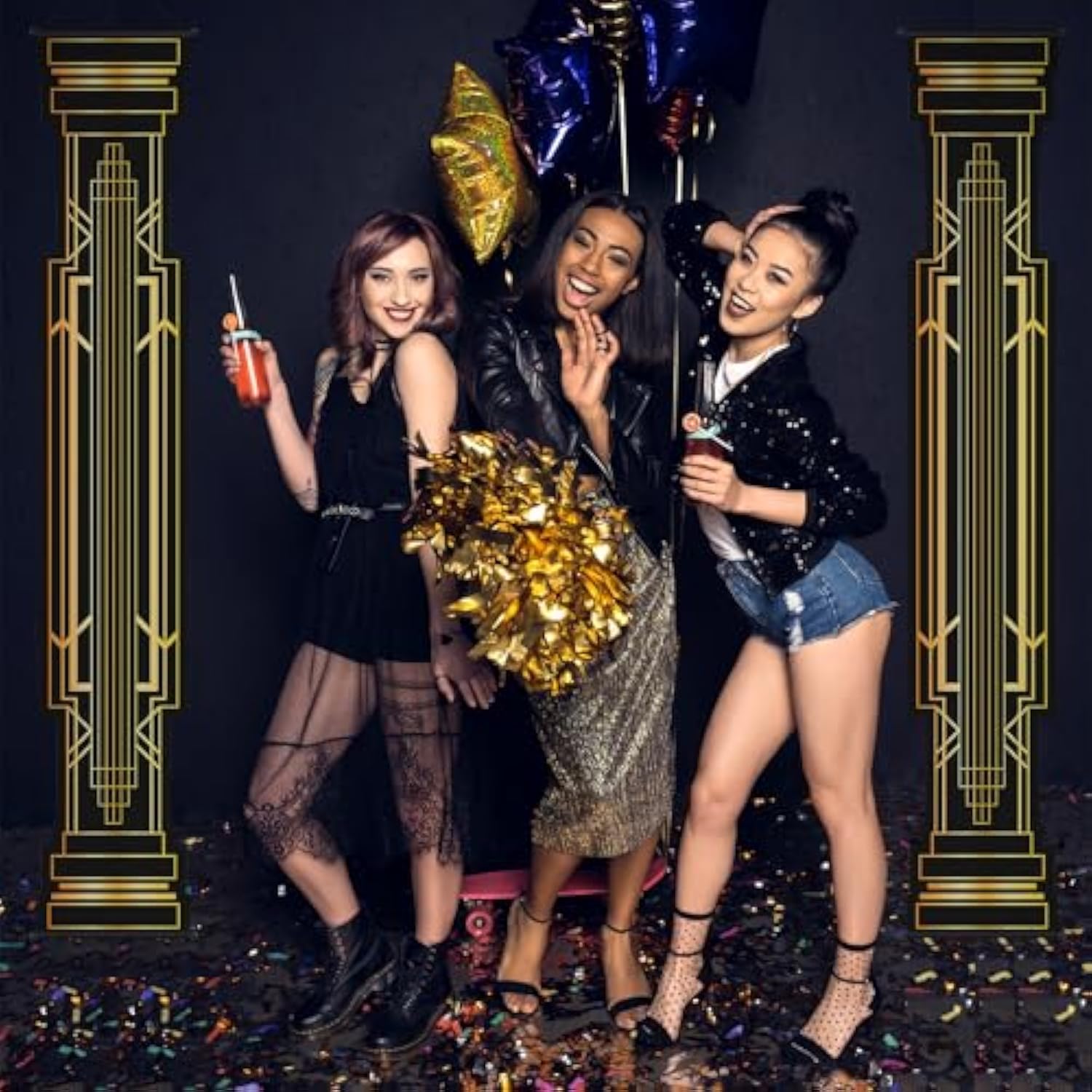 4 Pcs Roaring 20S Party Decorations Black And Gold Column Door Porch Banner 1920S Hanging Banner Speakeasy Awards Wedding Decorations Supplies