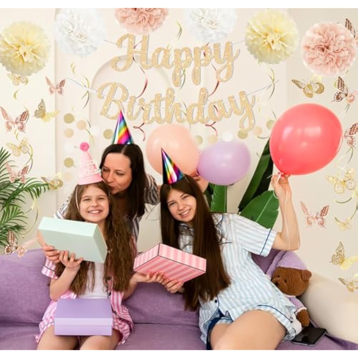 Champagne Gold Birthday Decorations For Women, Pre-Strung Happy Birthday Banner With Tissue Paper Pompoms?Hanging Swirl Streamers, 3D Butterfly Decorations, Beige Boho Birthday Party Supplies