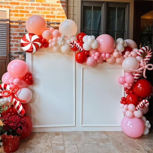130pcs Merry Christmas Balloon Arch Kit, Red White Xmas Balloon Garland with Red & Pink Bow Balloons and Candy Cane Foil Balloon for Christmas Holiday Birthday New Year Candy Themed Party Decorations