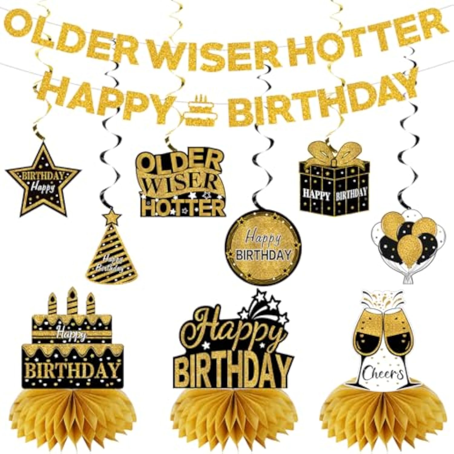 11Pcs Happy Birthday Decorations Kit For Men Women, Black Gold Happy Birthday Banner, Older Wiser Hotter Glitter Banner Party Supplies, Bday Decor Centerpieces Swirls Table Topper Sign