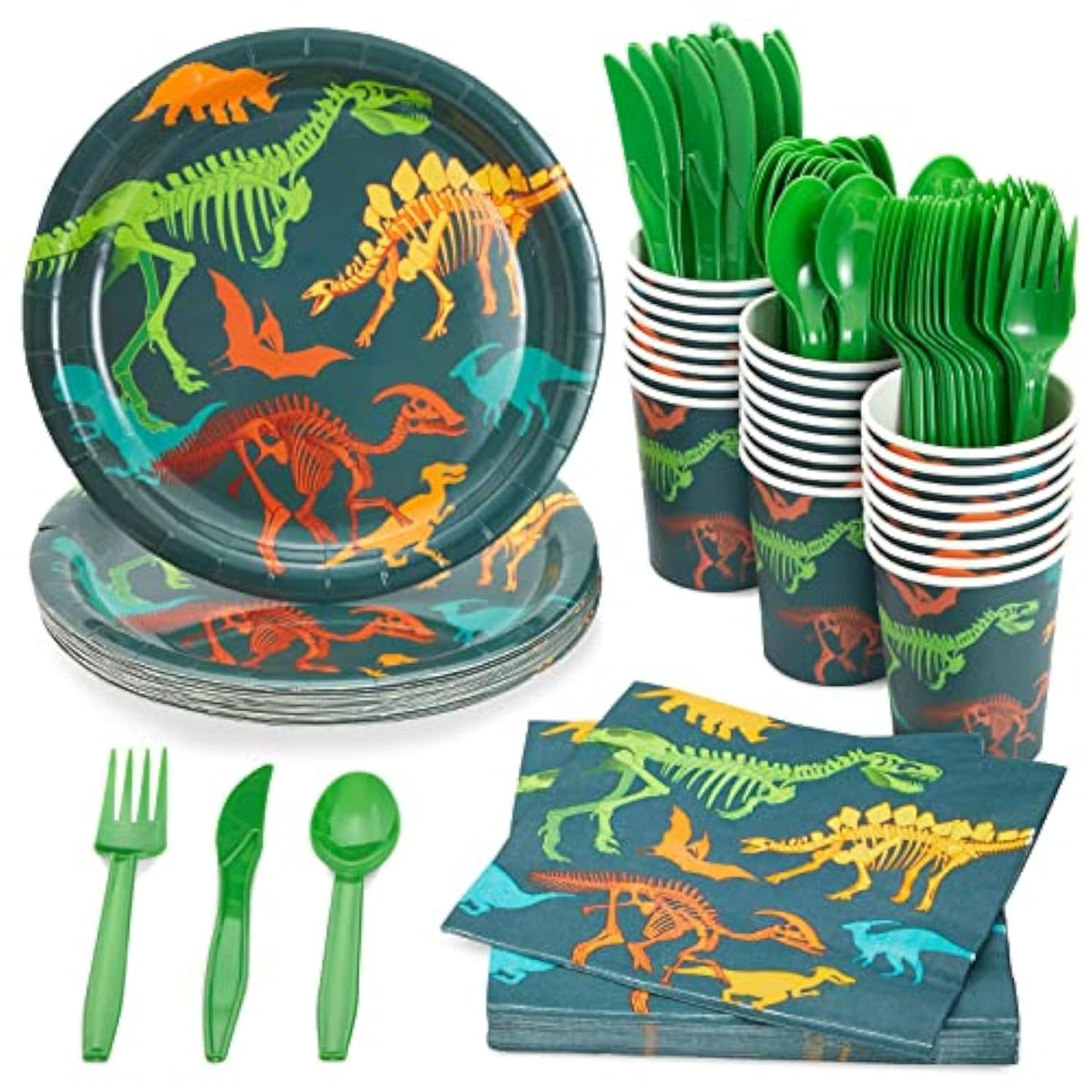 144-Piece Dinosaur Birthday Party Decorations Set With Plates, Cups, Napkins & Cutlery - Serves 24 - Green & Blue Dino Fossil Paper Plates & Cups - Disposable & Easy Cleanup