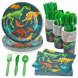 144-Piece Dinosaur Birthday Party Decorations Set With Plates, Cups, Napkins & Cutlery - Serves 24 - Green & Blue Dino Fossil Paper Plates & Cups - Disposable & Easy Cleanup