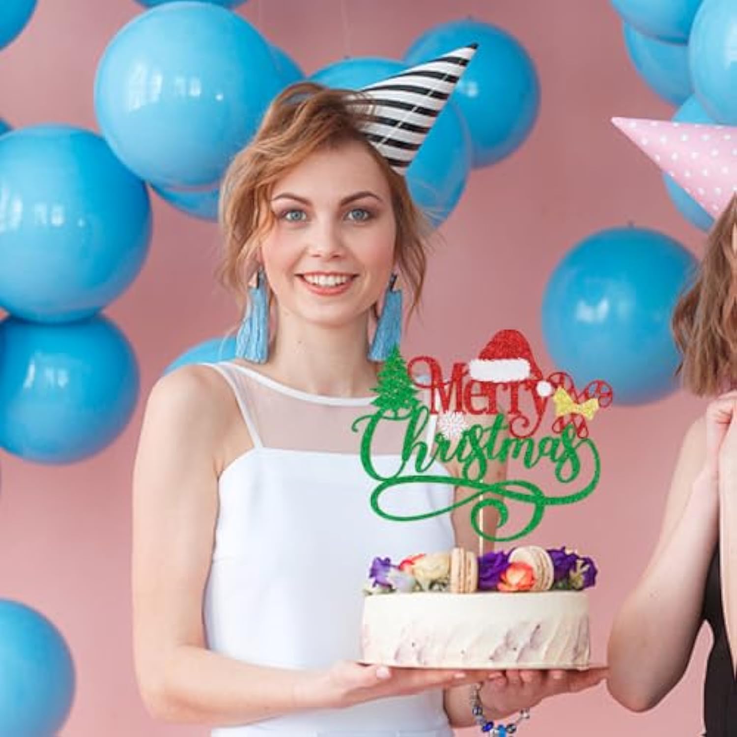 Merry Christmas Cake Topper,Glitter Green Xmas Holiday Cake Decorations,For Winter Christmas Santa Happy New Year Party Theme Cake Decorations (Red Green)