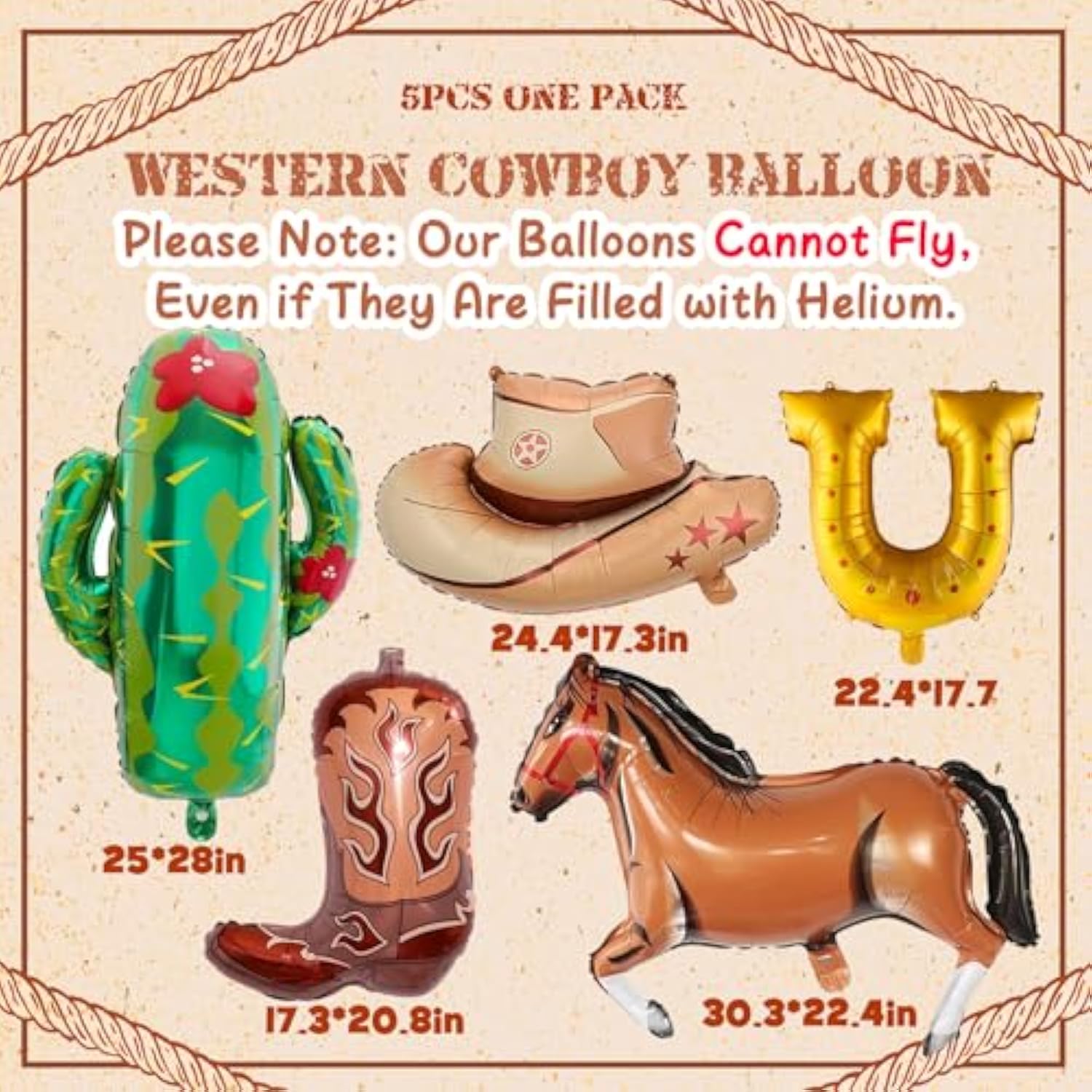 Western Balloons 5Pcs Cowboy Hat, Horse, Cactus & Boots for Rodeo Party Decor