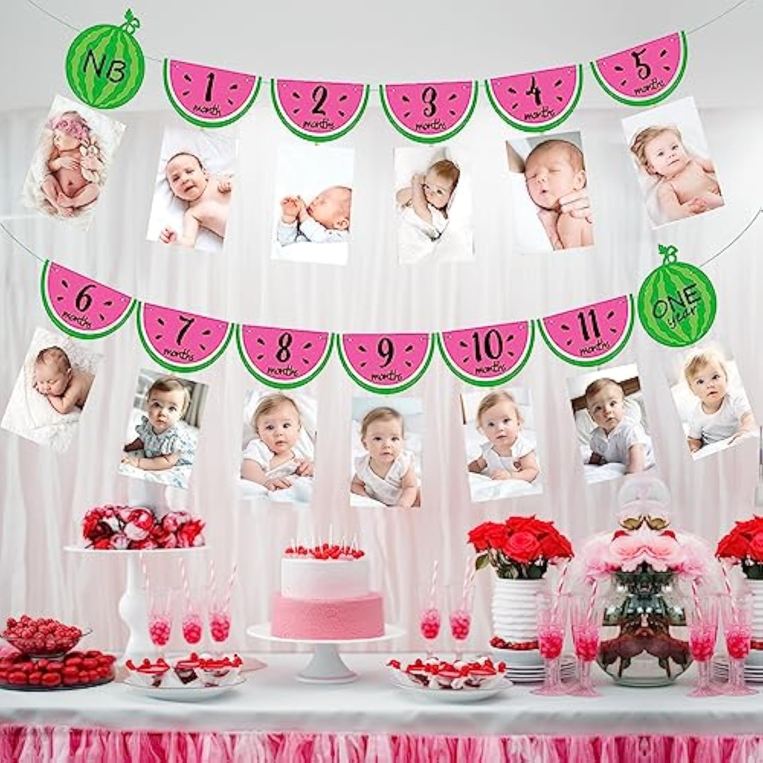 Watermelon Photo Banner 1-12 Month 1St Birthday Monthly Banner Baby Girl Photo Display Milestone Photograph Bunting Garland One In A Melon Summer Fruit Themed Party Supplies Decorations