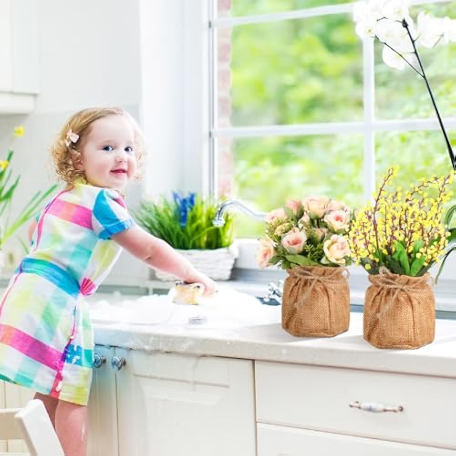6 Pcs Artificial Potted Flowers Plastic Faux Flowers In Small Burlap Bag Vases Fake Spring Flower Table Centerpiece Fake Potted Plants For Home Farmhouse Office Kitchen Indoor Outdoor Table Decoration