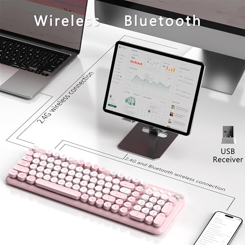 Wireless Bluetooth Keyboard, Retro Round Typewriter Keyboard, Dual Mode Bluetooth & 2.4Ghz Receiver, Compatible With Windows, Macos, Ipad, Android, Laptops, And Tablets (Pink)