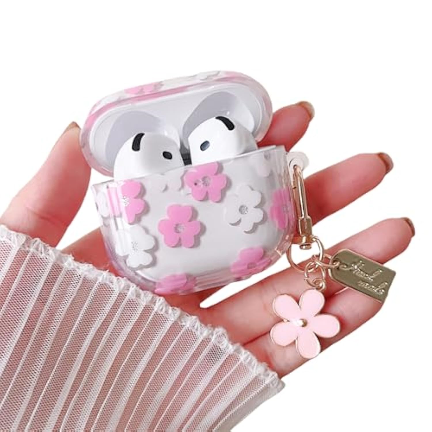 Compatible With Airpods 4 Clear Case,Cute Cartoon Flower Pattern Design With Floral Keychain, Soft Tpu Protective Shockproof Case For Airpods 4 For Girls Women-Pink