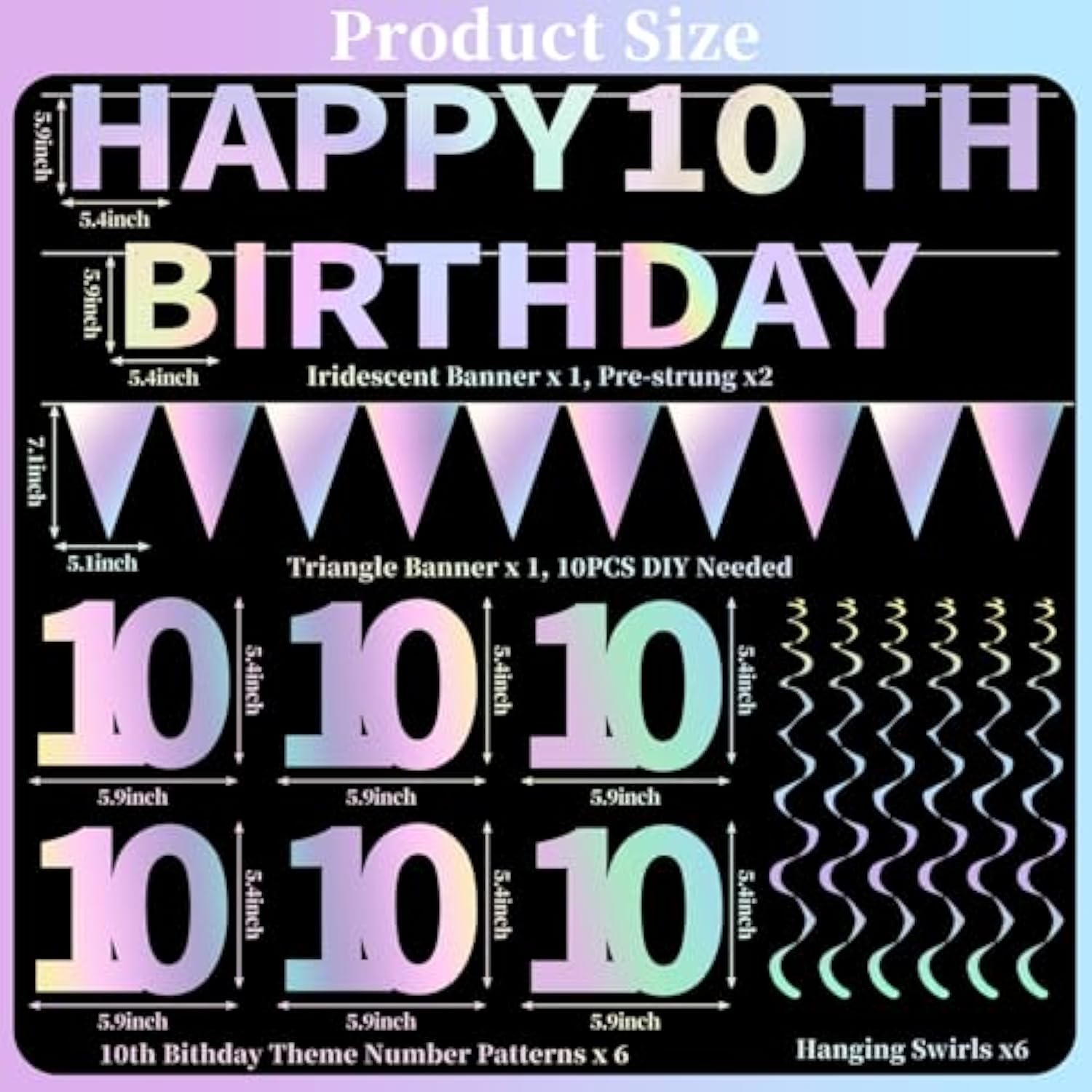 Iridescent Happy 10Th Birthday Decorations Kit For Girls Boys, Pre-Strung 10 Bday Banner Hanging Swirls Bunting Party Supplies, Ten-Year-Old Double Digits Birthday Photo Props Decor