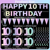 Iridescent Happy 10Th Birthday Decorations Kit For Girls Boys, Pre-Strung 10 Bday Banner Hanging Swirls Bunting Party Supplies, Ten-Year-Old Double Digits Birthday Photo Props Decor