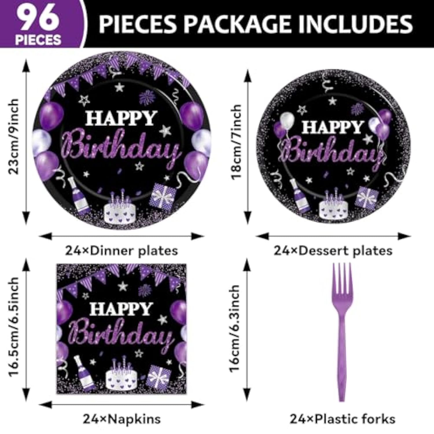 96Pcs Purple & Black Party Supplies - Paper Plates, Napkins, Dinnerware Set For Women, Men, Baby Showers & Birthdays - Serves 24