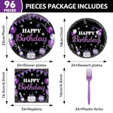 96Pcs Purple & Black Party Supplies - Paper Plates, Napkins, Dinnerware Set For Women, Men, Baby Showers & Birthdays - Serves 24