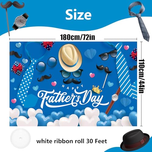 Father's Day Backdrop, Happy Fathers Day Decorations Blue Dad Party Banner Background with Hat Glasses Mustache Tie Watch Hearts for Photo Booth Decor, 71 x 43 Inch