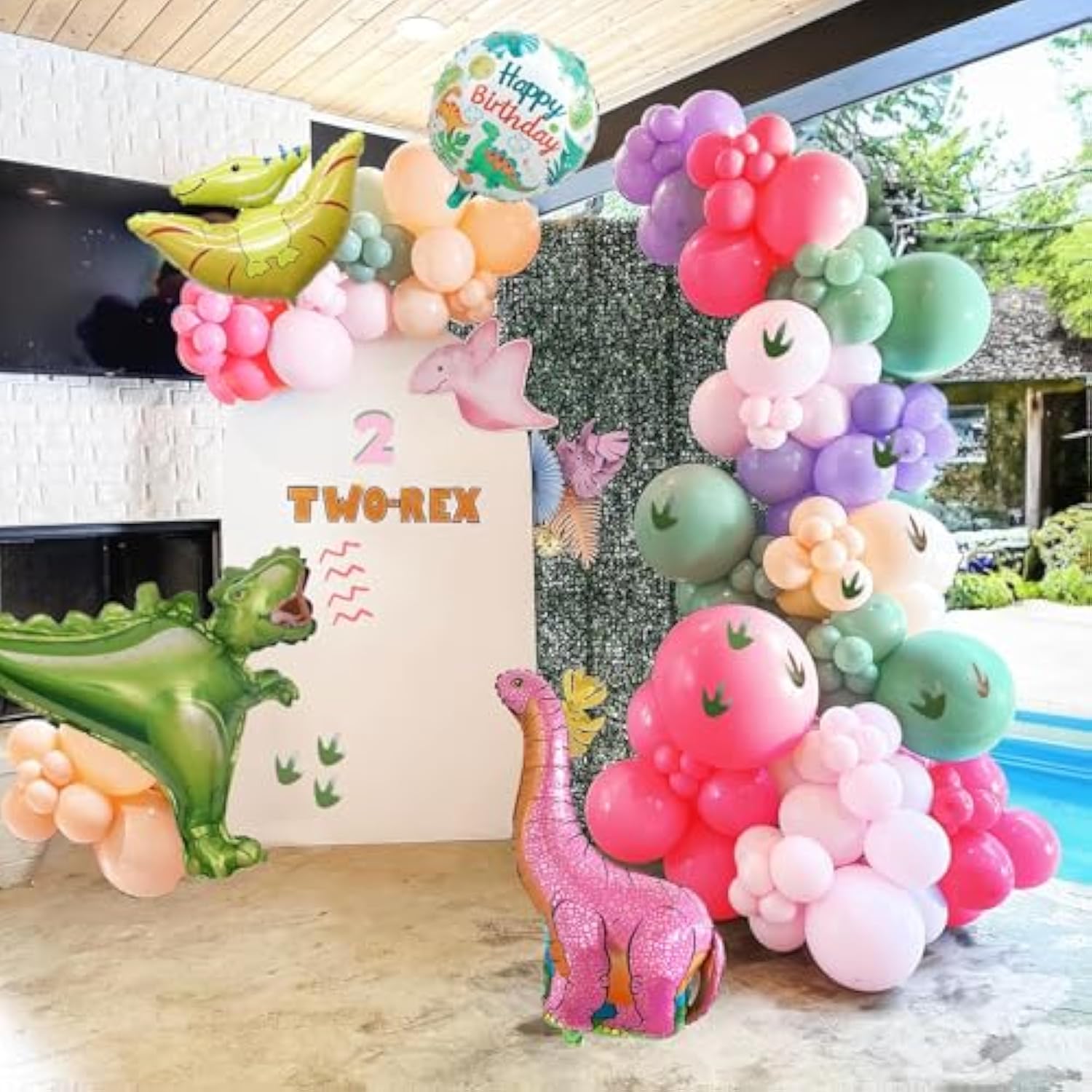 Pink Dinosaur Balloon Garland Kit 150Pcs Pastel Pink Green Purple Balloon And Foil Dinosaur Balloon & Footprint Sticker For Girl Dino Theme Birthday Baby Shower Decorations
