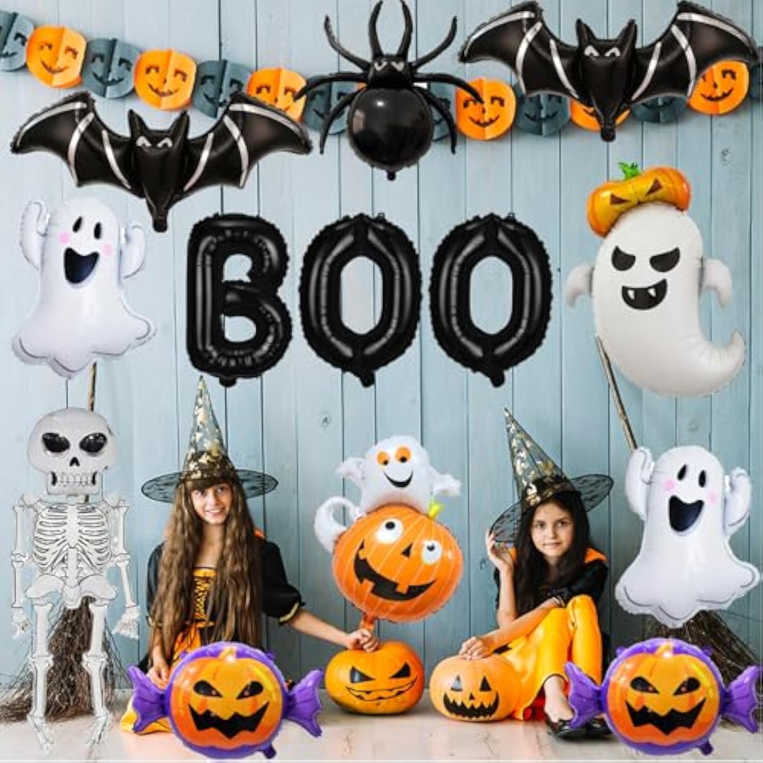 Halloween Foil Balloon Set: Ghost, Spider, Pumpkin, Bat, BOO - 12PCS