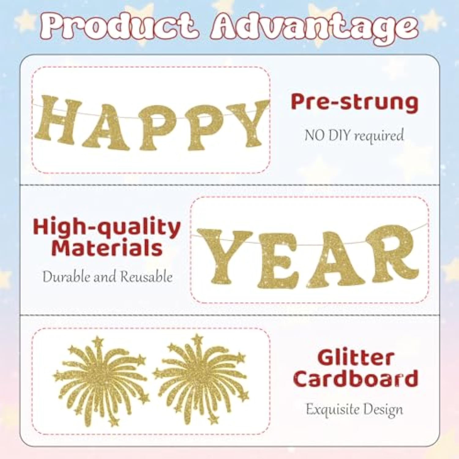 Happy New Year Banner Gold Glitter Pre-Strung Party Sign for NYE Decor