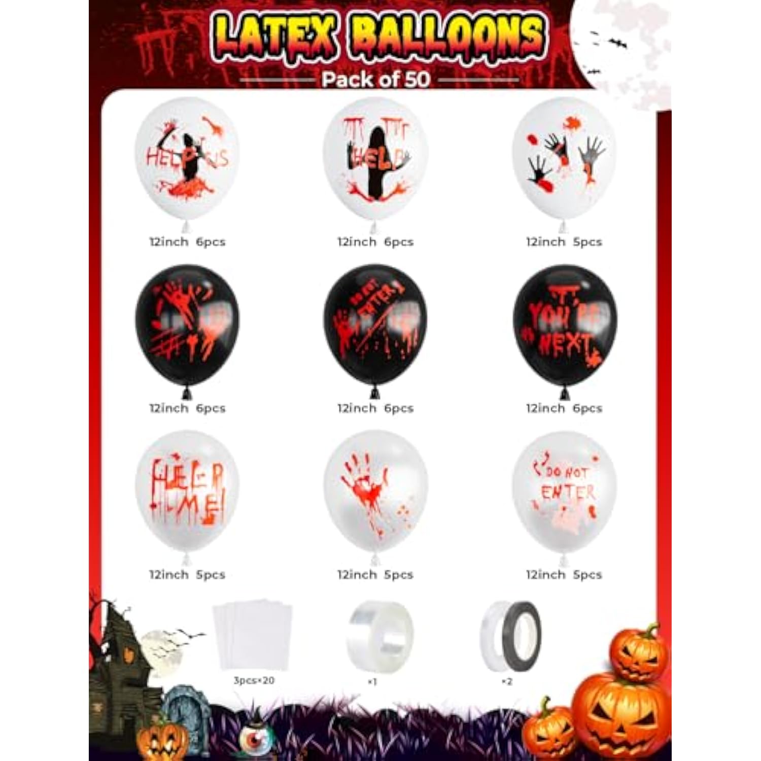 50Pcs 12" Bloody Halloween Balloons - Horror Blood Handprint Zombie Latex Party Decor