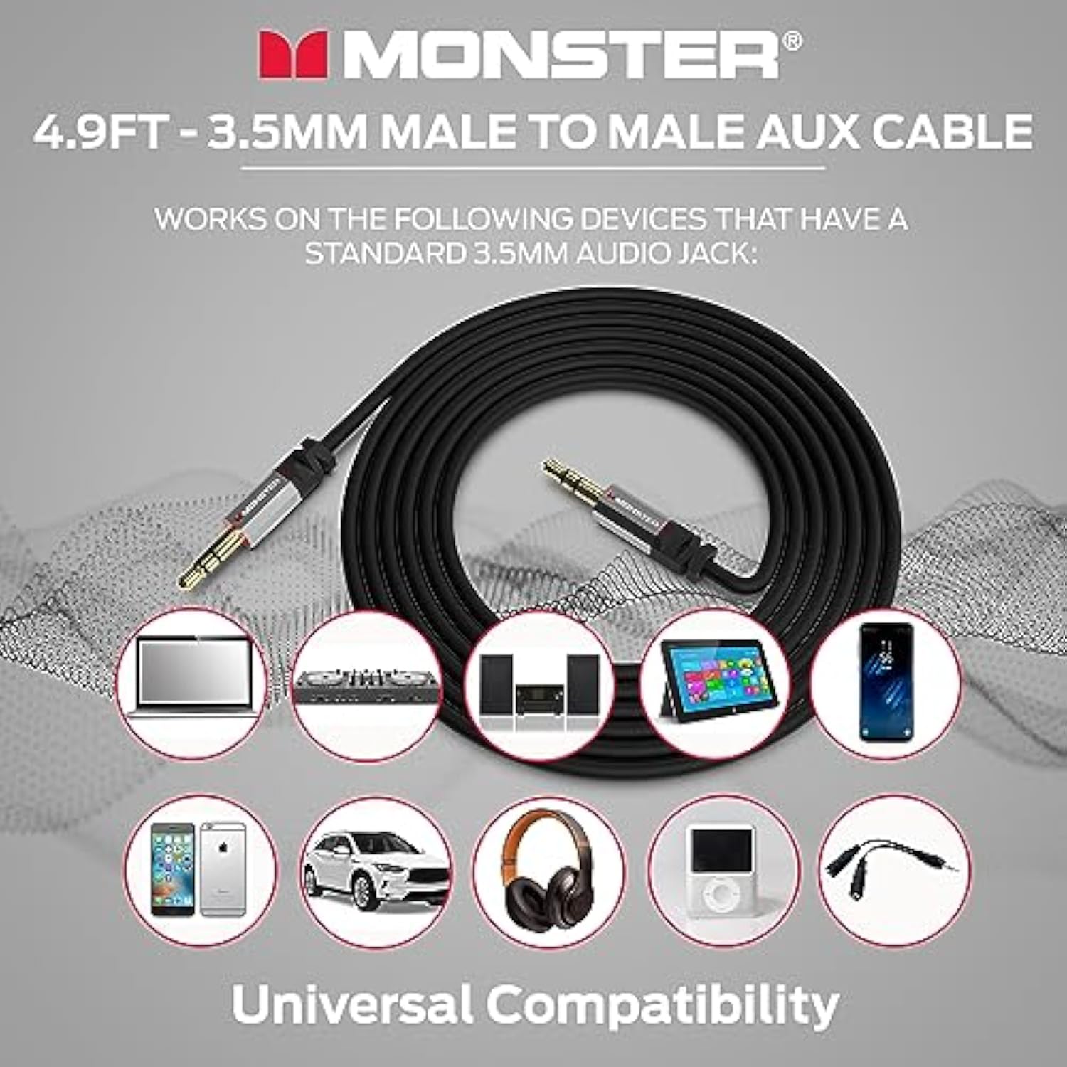 Monster Gen2 Essentials Audio Cable 3.5mm Male to Male Aux Cord for Car, iPhones, Headphones, 4.9FT Duraflex Jacket, Gold-Plated Connectors, Superior Sound Quality and Durable Cable