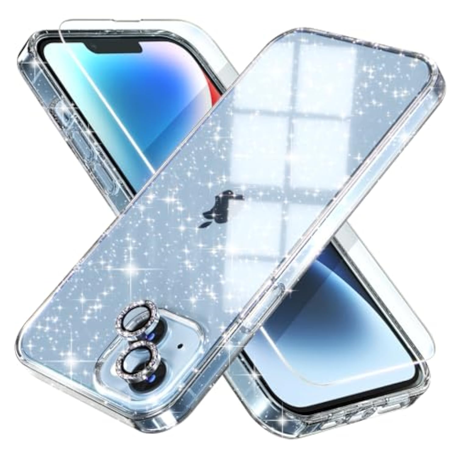 Compatible For 14 Plus Case Cute, Women Clear Glitter Bling Sparkly Case, [2 X Diamond Camera Lens Protectors] [2 X Tempered Glass Screen Protectors] 6.7-Inch (Glitter Clear)