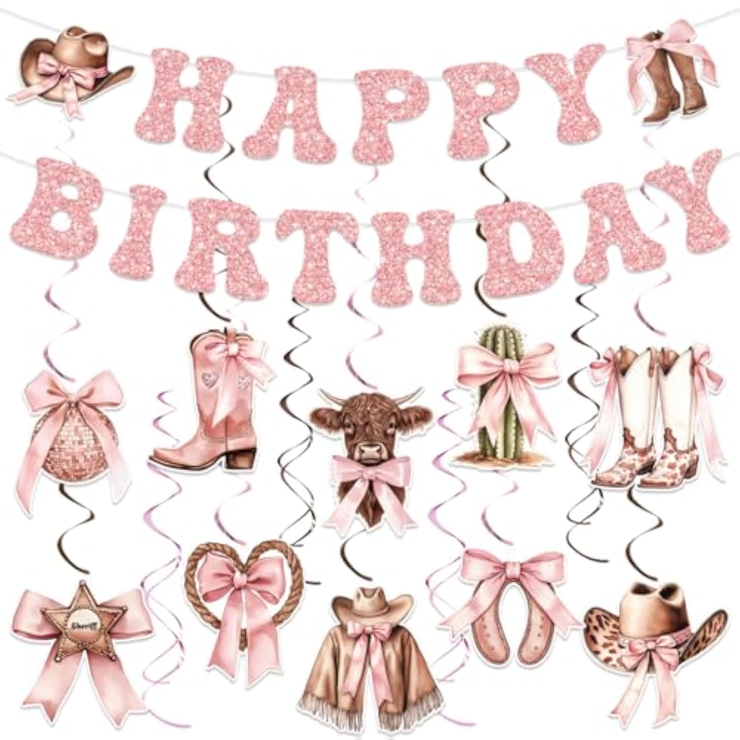 Cowgirl Coquette Pink Birthday Decor with Bows, Swirls & Balloons