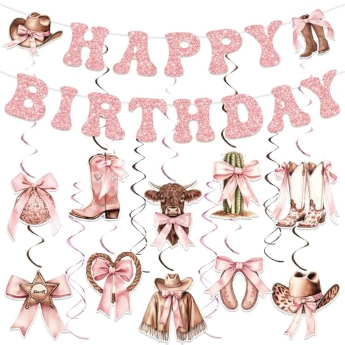 Cowgirl Coquette Pink Birthday Decor with Bows, Swirls & Balloons