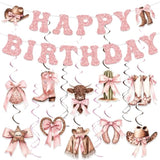 Cowgirl Coquette Pink Birthday Decor with Bows, Swirls & Balloons