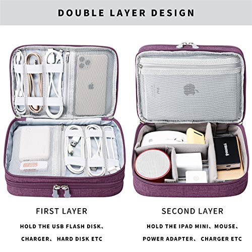 Travel Electronics Organizer Soft Case Small Electronic Accessories Carrying Bag Double-Layer For Cords Phone Chargers Cables Earbuds Adapter Mouse, Purple