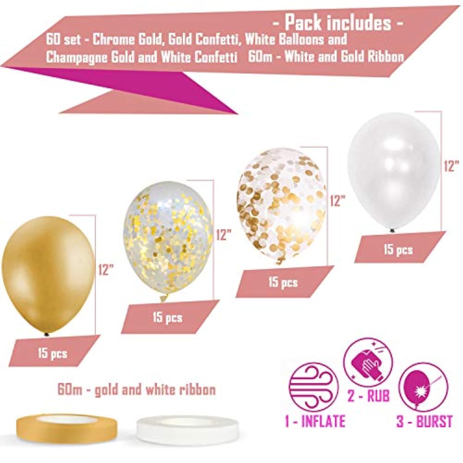 Dandy Decor 60 Pack Gold Balloons + Confetti Balloons W/Ribbon | Gold Latex | Golden | White And Gold 12 Inch Durable & Long Lasting Latex |