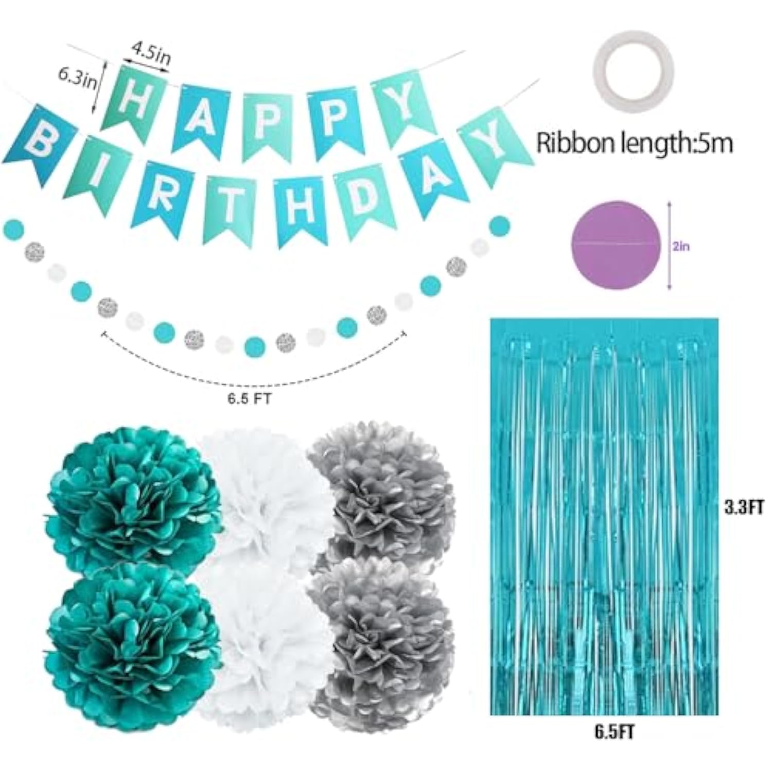 Teal Blue And Silver Happy Birthday Party Decorations For Men Boys Women Girls, Turquoise Aqua Teal Décor Supplies For Him Her 13Th, 16Th 18Th 20Th 21St 25Th 30Th 40Th 50Th 60Th Birthday Party