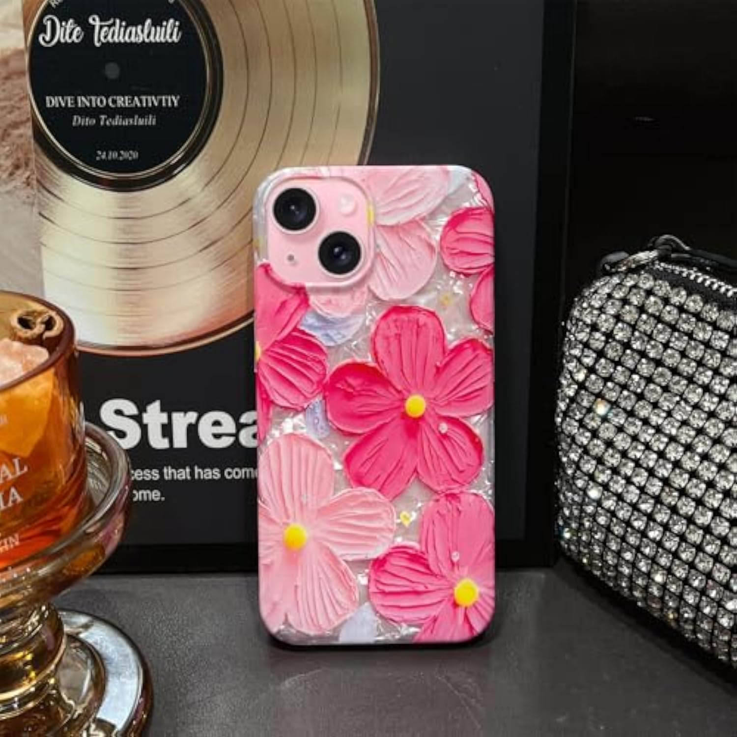 For Iphone 15 Plus Case Flowers Women Girly Aesthetic Sparkle Translucent Cute Floral With Phone Strap Charms Wristlet Oil Painting Shockproof Protective Phone Cases For Iphone 15 Plus Hot Pink