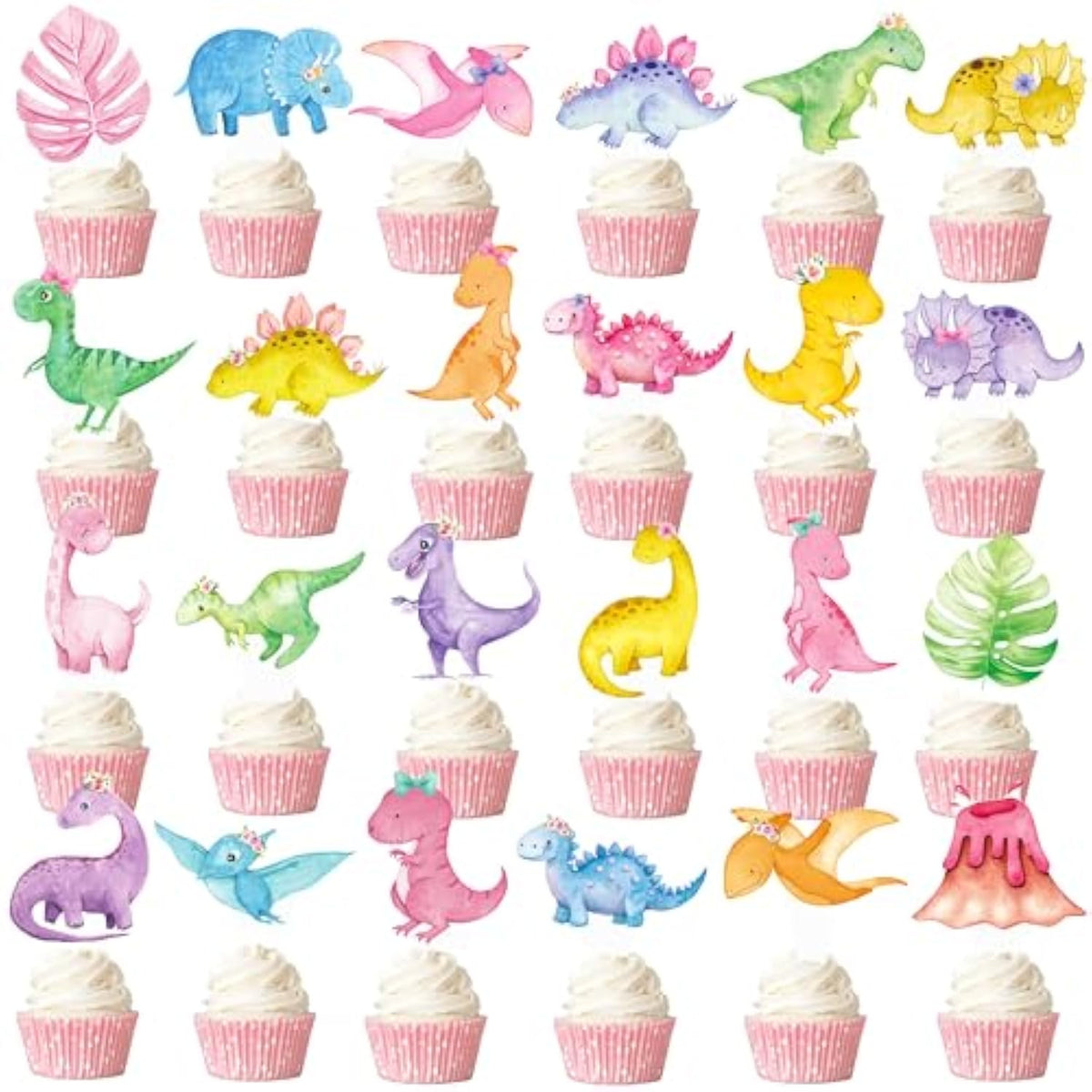 48Pcs Dinosaur Theme Party Cupcake Toppers Pink Dinosaur Birthday Party Cake Cupcake Pick Decorations For Girls Dino Theme Birthday Party Baby Shower Supplies