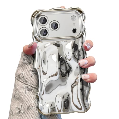 Ripple Case for iPhone 17 Pro Max, Cute Silver Cover Wave Shape for iPhone Case Pretty Aesthetic 3D Phone Cover, Water Ripple Shell 3D Chrome Design
