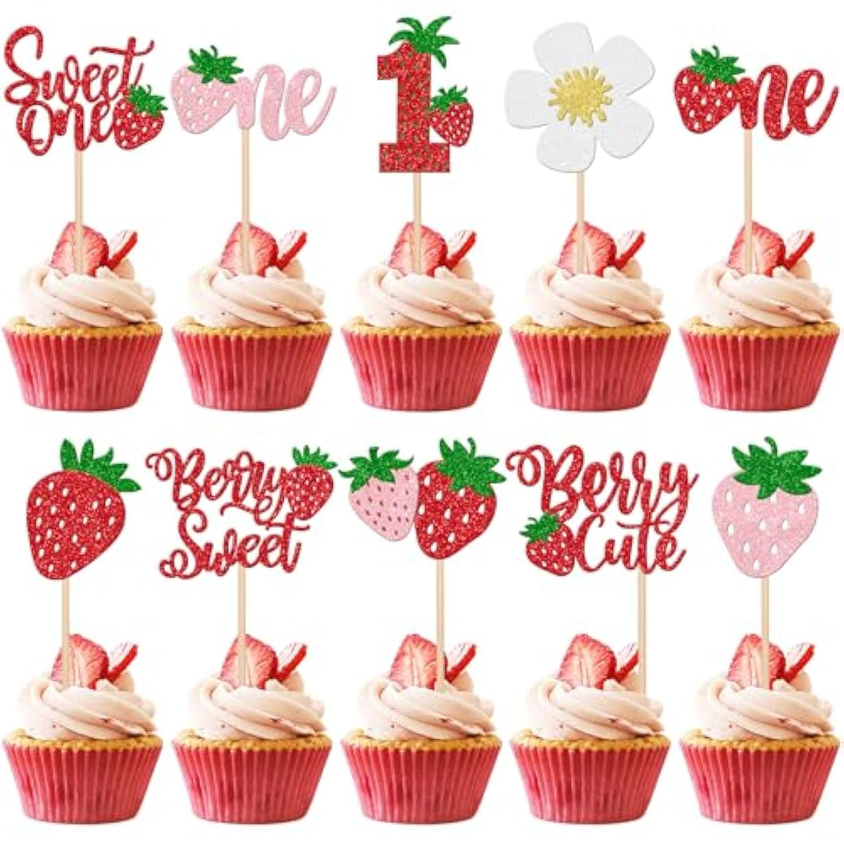 30 Pcs Sweet One Strawberry Cupcake Toppers Glitter Sweet Berry 1St Birthday Cupcake Picks Strawberry Birthday Decorations For Baby Shower Kids First Birthday Party Cake Decorations Supplies