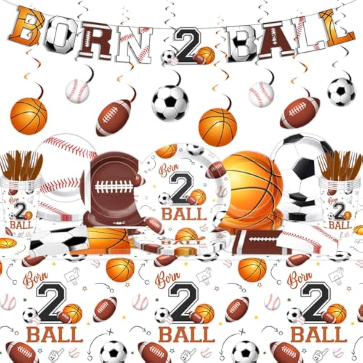 Born Two Ball 2nd Birthday Sports Theme Party Plates and Napkins Set, 152pcs