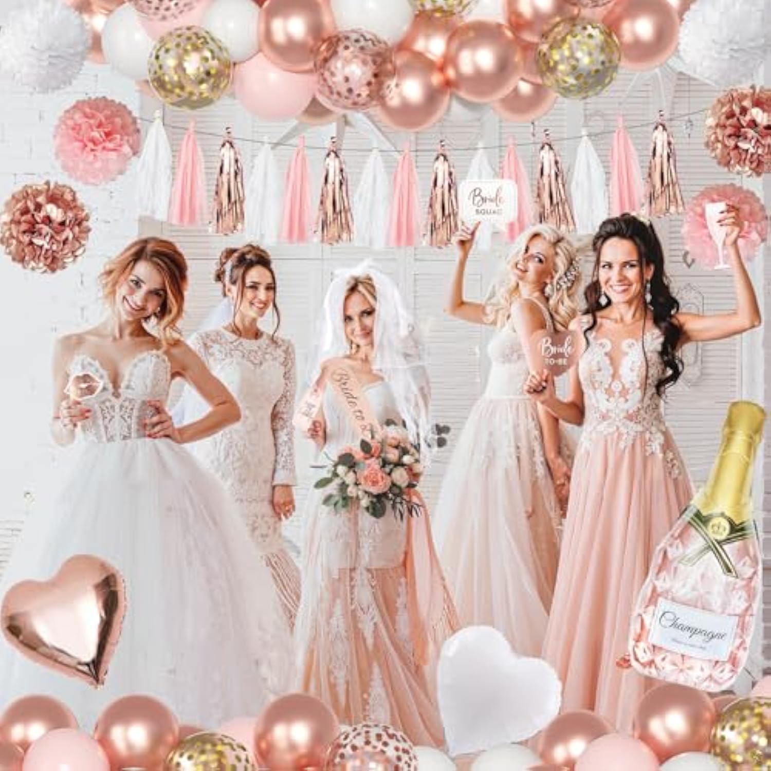 Bachelorette Party Decorations, Rose Gold Bride Shower Decorations Bride To Be Banner Backdrop Veil Sash Confetti Foil Balloons Tassel Paper Pom Poms Photo Props For Engagement Wedding Party Favors