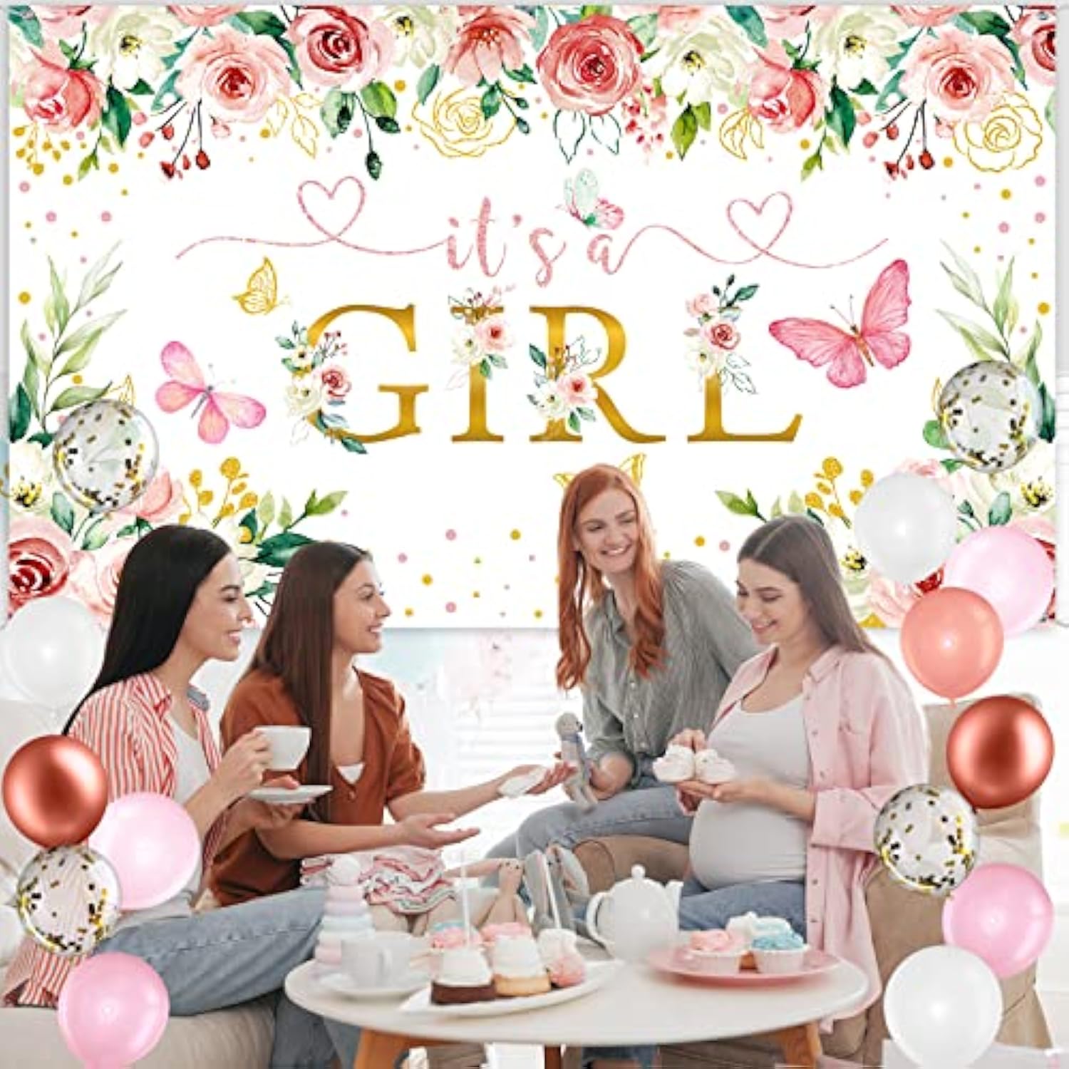 Pink Floral Baby Shower Decorations Include Pink Confetti Balloons Kit