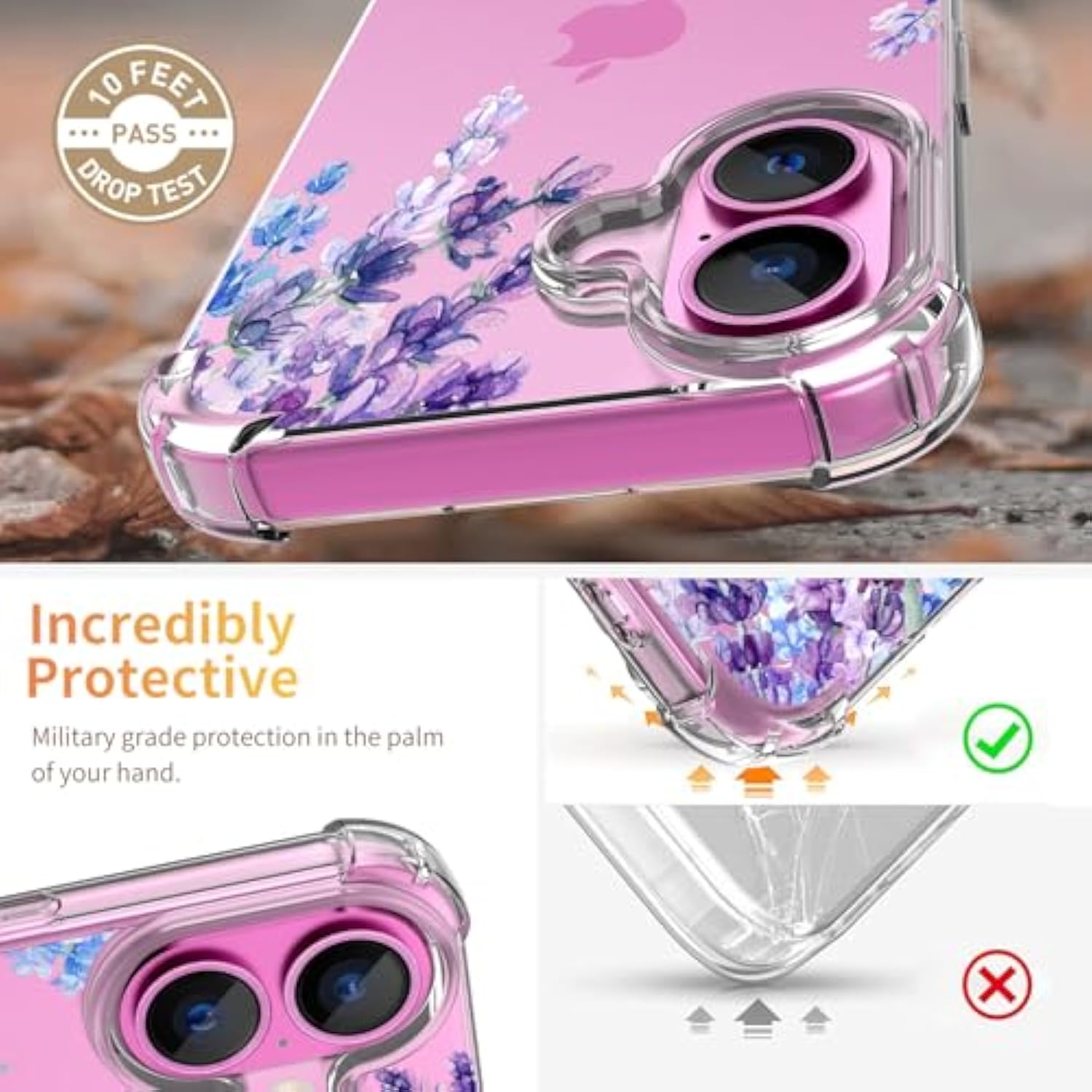 For 16 Case,[3 In 1] With Screen Protector & Camera Lens Protector, Flower Pattern Design,Clear Soft Shockproof Slim Floral Phone Cover For Women Girls 2024 6.1" (Lavender/Purple)