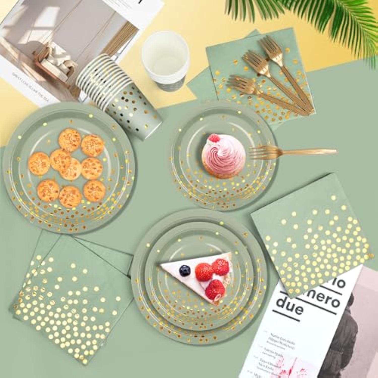 Sage Green Party Supplies, 127Pcs Green Paper Plates Napkins Cups Forks Disposable Dinnerware Set Serves 25 Guests Sage-Green Party Decorations For Wedding Baby Shower