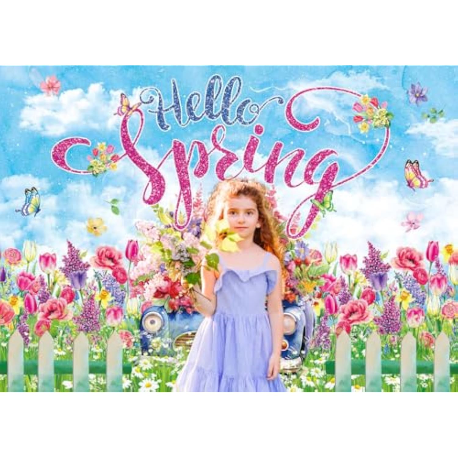 Hello Spring Backdrop Colorful Flower Butterfly Tulip Photography Background Spring Garden Easter Holiday Party Decorations Banner Photo Supplies (82X59Inch(7X5Ft))