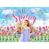 Hello Spring Backdrop Colorful Flower Butterfly Tulip Photography Background Spring Garden Easter Holiday Party Decorations Banner Photo Supplies (82X59Inch(7X5Ft))