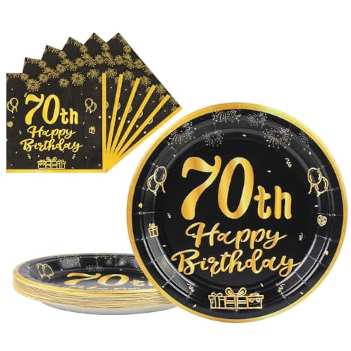 70Th Paper Party Plates And Napkins 50Pcs 9" Black Birthday Party Dessert Tableware Happy Birthday Decorations Party Supplies