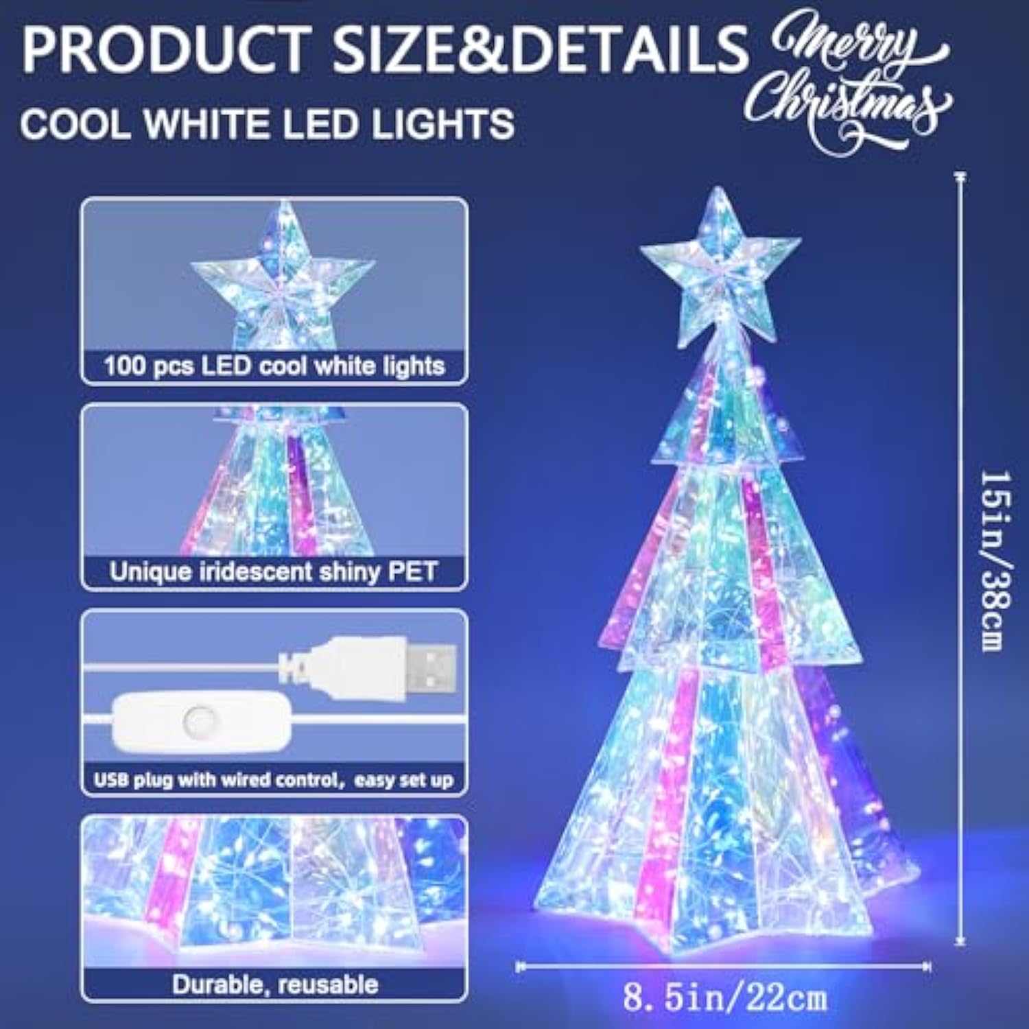 Holographic Christmas Tree, 15 Inch Desktop Decoration Tree With Led Lights, Prismatic Iridescent Christmas Tree Gift For Kids Girls Families Office Indoor Decorations